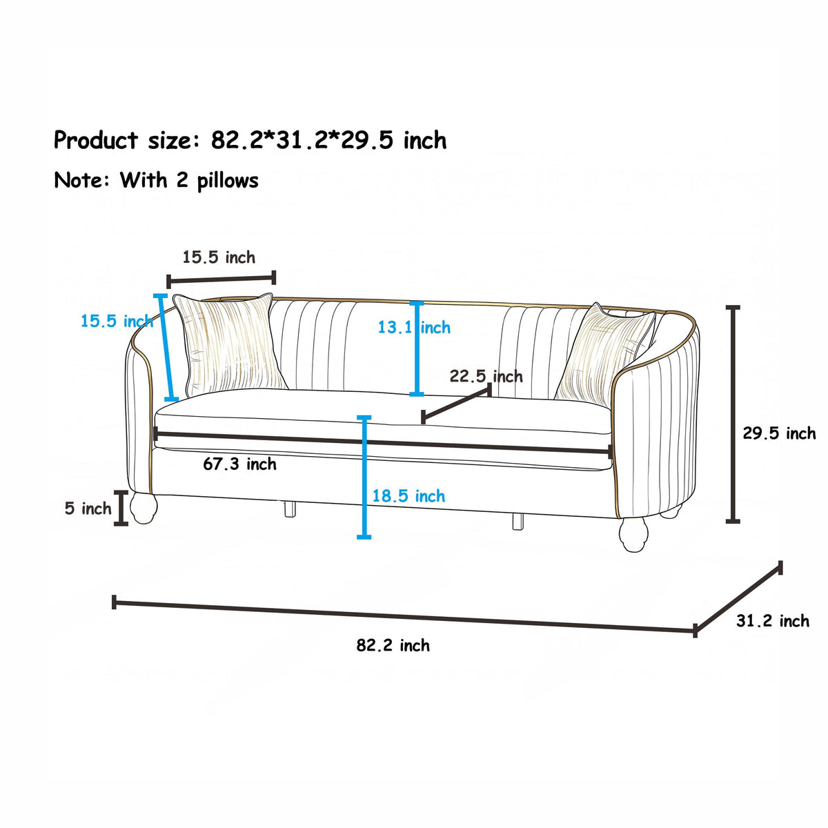 Velvet Modern Sofa Couch 3-Seater Deep Seat Sofa, Orange P87951