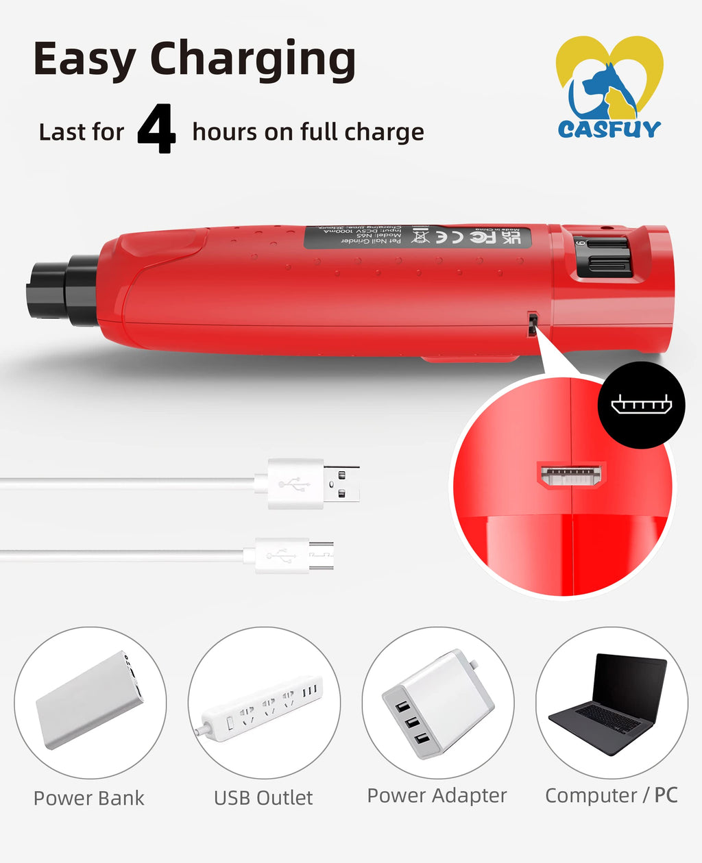 Quiet 6-Speed Rechargeable Electric Dog Nail Grinder with 2 LED Lights W14136