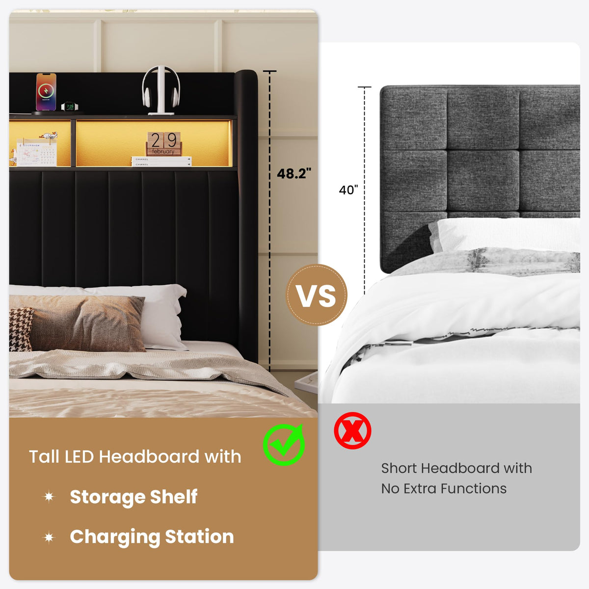 Full Size Velvet Upholstered Platform Bed Frame with Storage Shelf P298