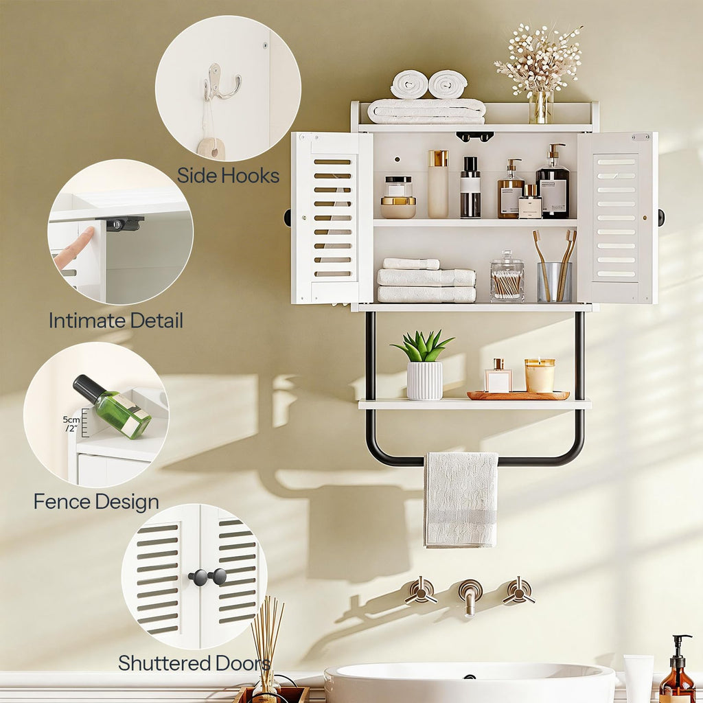White Double Doors Bathroom Wall Cabinet with Towel Bar, Adjustable Shelf, 2 Hooks O504948