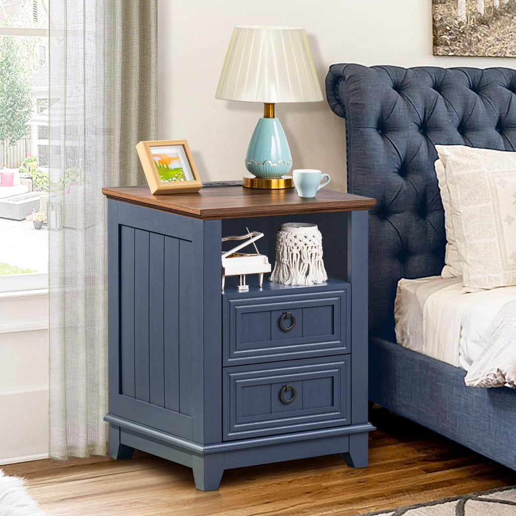 18" Blue Wooden Nightstand Set of 2 with Charging Station W58842