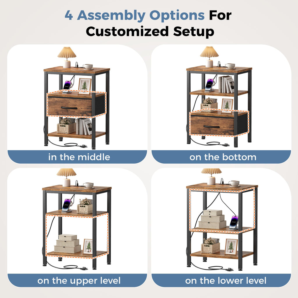 Nightstand with Charging Station and Fabric Drawer M7644