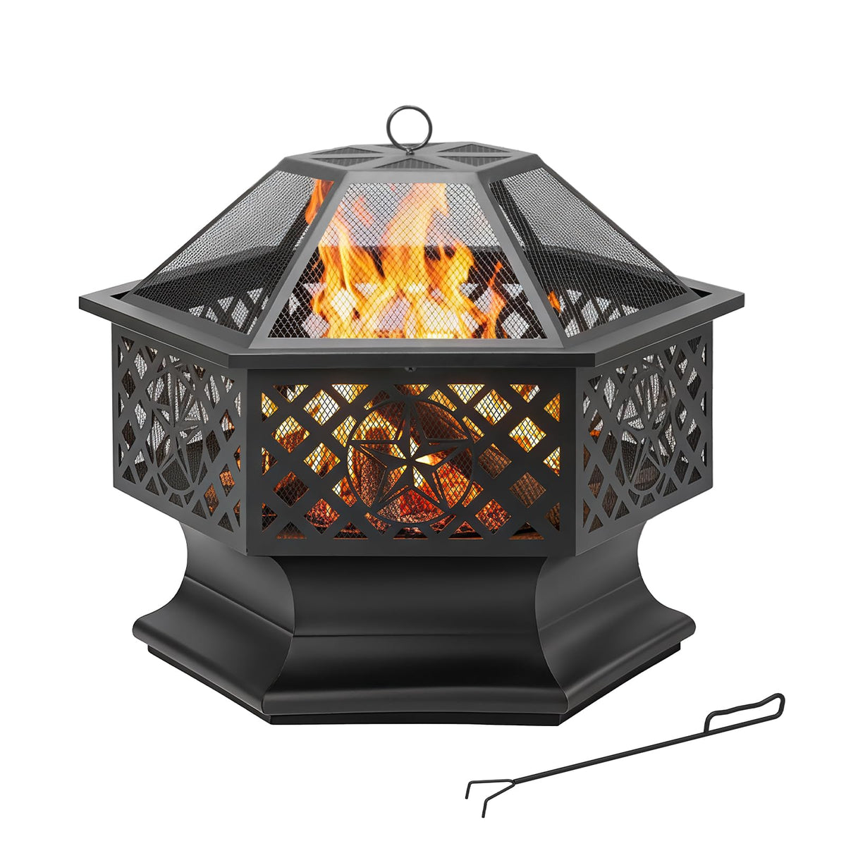 28 Inch Hexagonal Fire Pit with Spark Screen & Fire Poker Black P64474