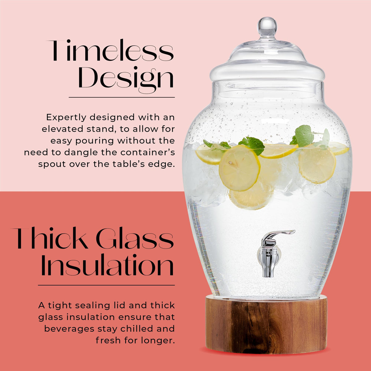 Glass Beverage Dispenser with Wood Base, 3 Gallon M474