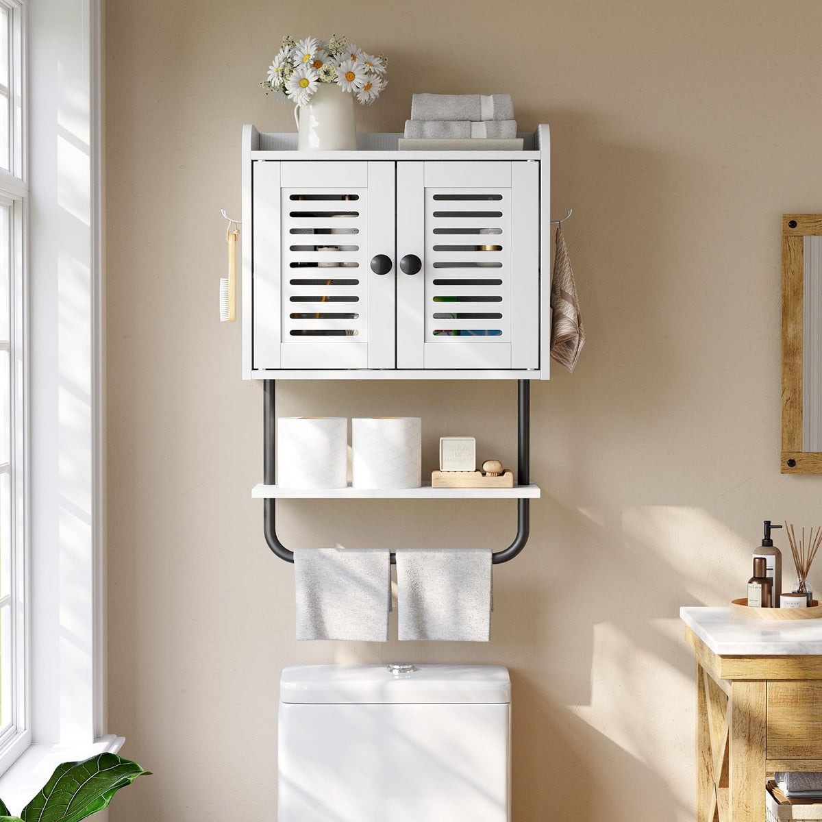 White Double Doors Bathroom Wall Cabinet with Towel Bar, Adjustable Shelf, 2 Hooks O504948