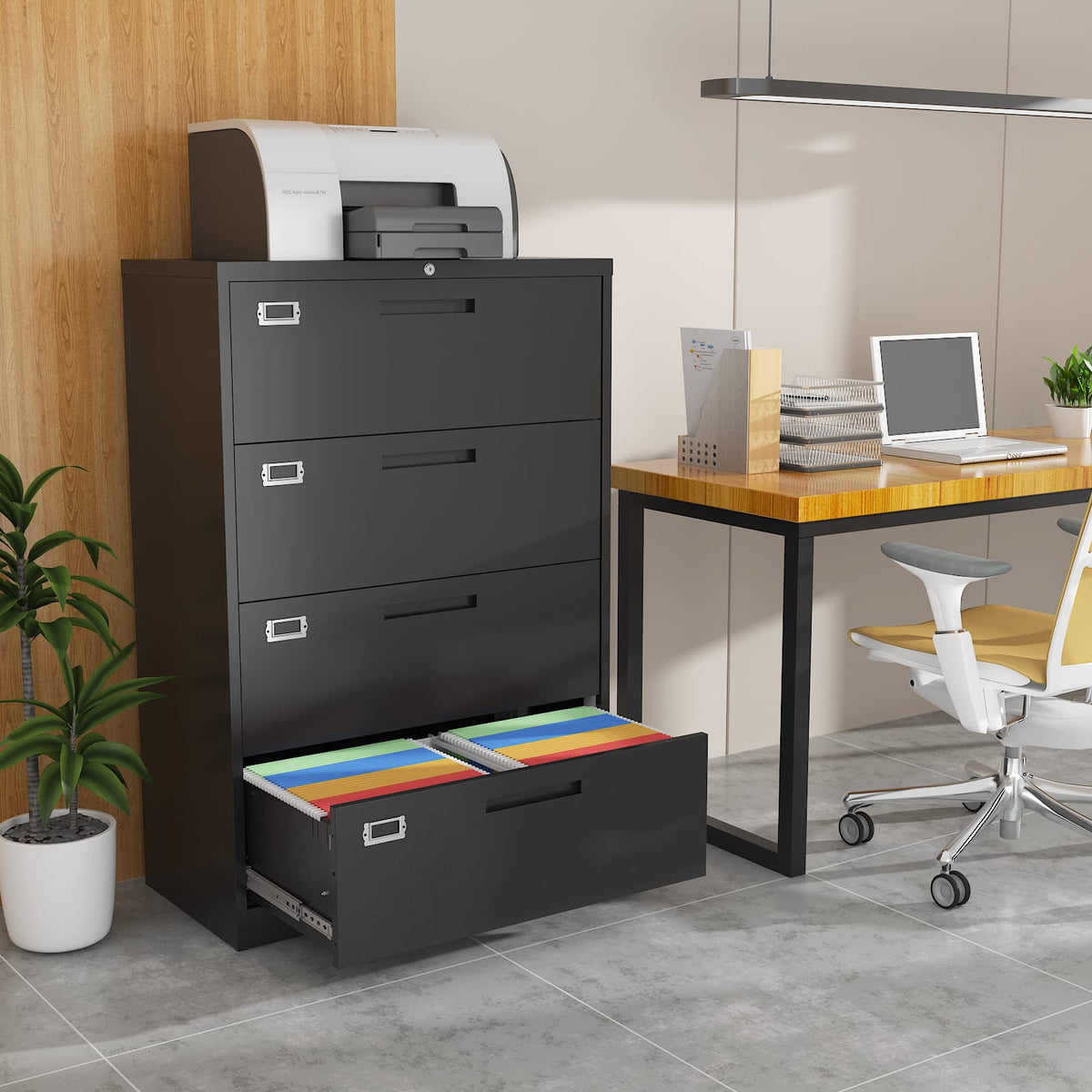 4 Drawer Black Metal Filing Cabinet with Lock W7496