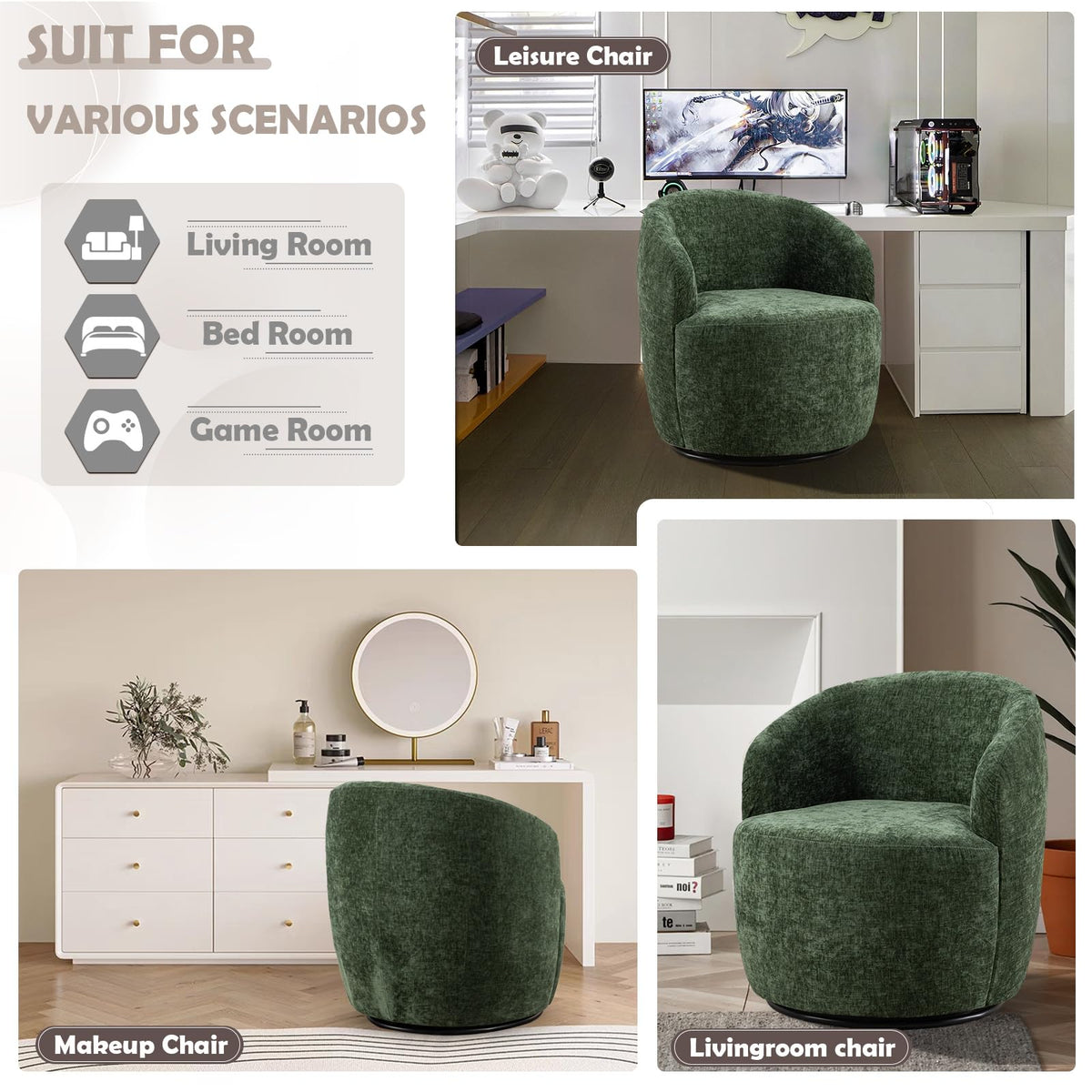 Green Chenille Swivel Barrel Chair W561