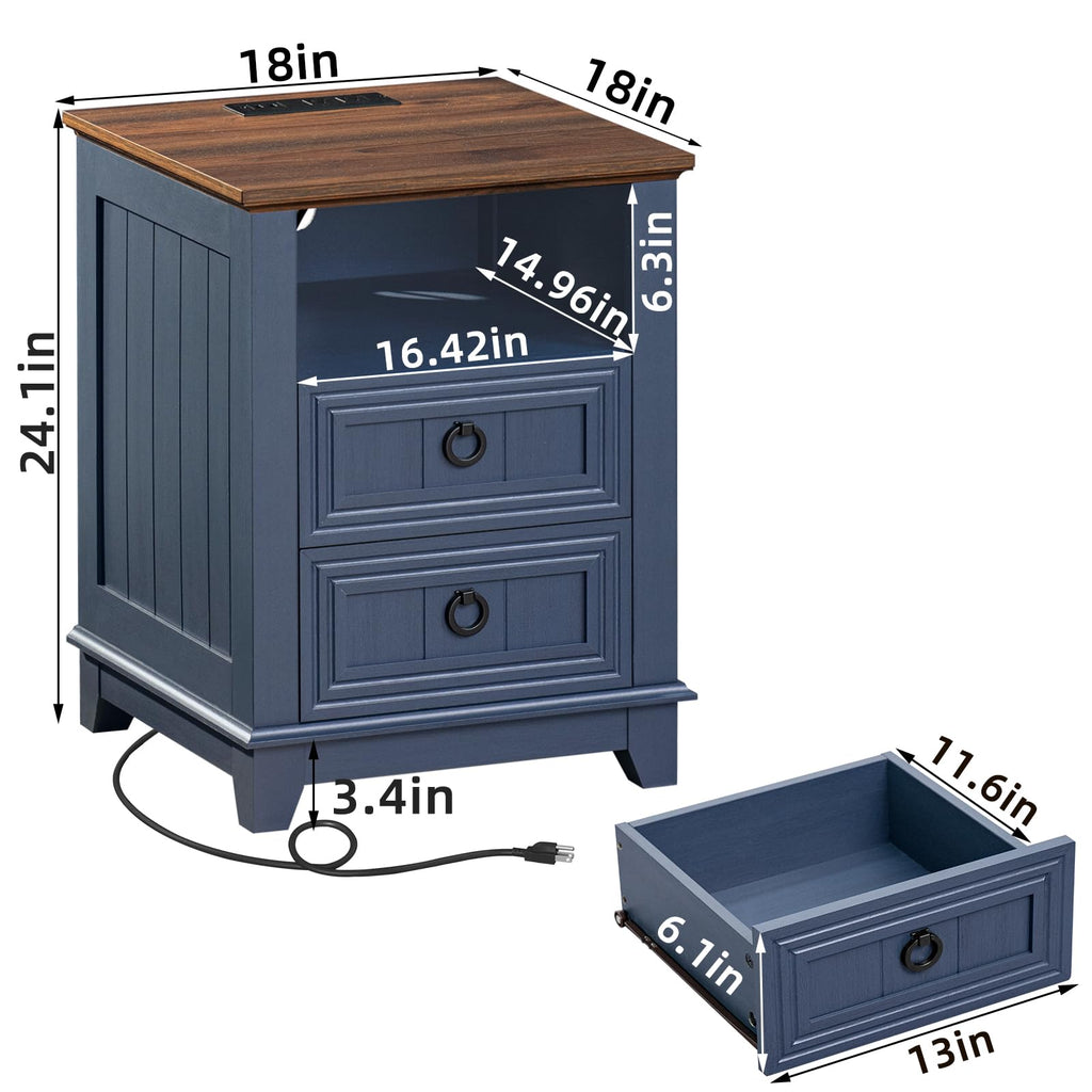 18" Blue Wooden Nightstand Set of 2 with Charging Station W58842
