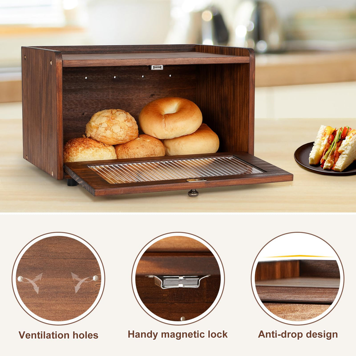 Wooden Bread Box with Acrylic Window A53742