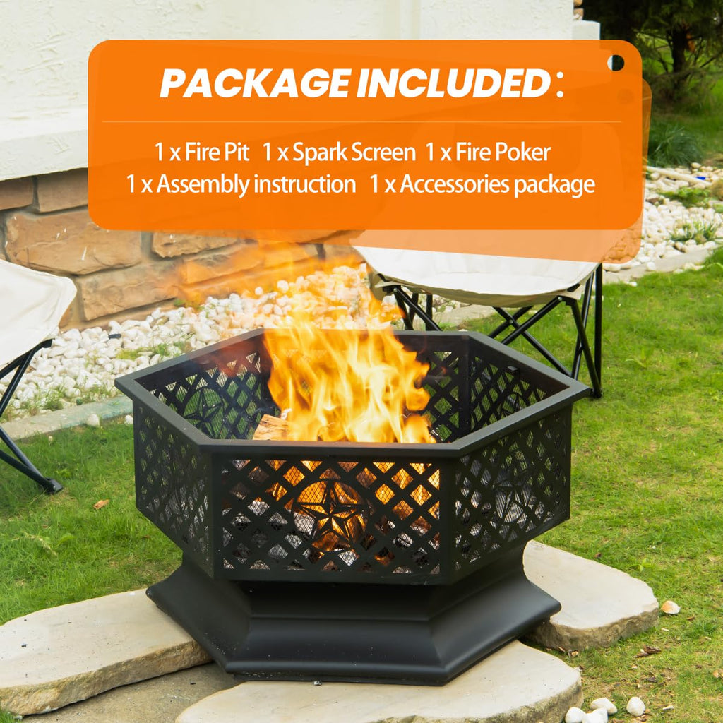 28 Inch Hexagonal Fire Pit with Spark Screen & Fire Poker Black P64474