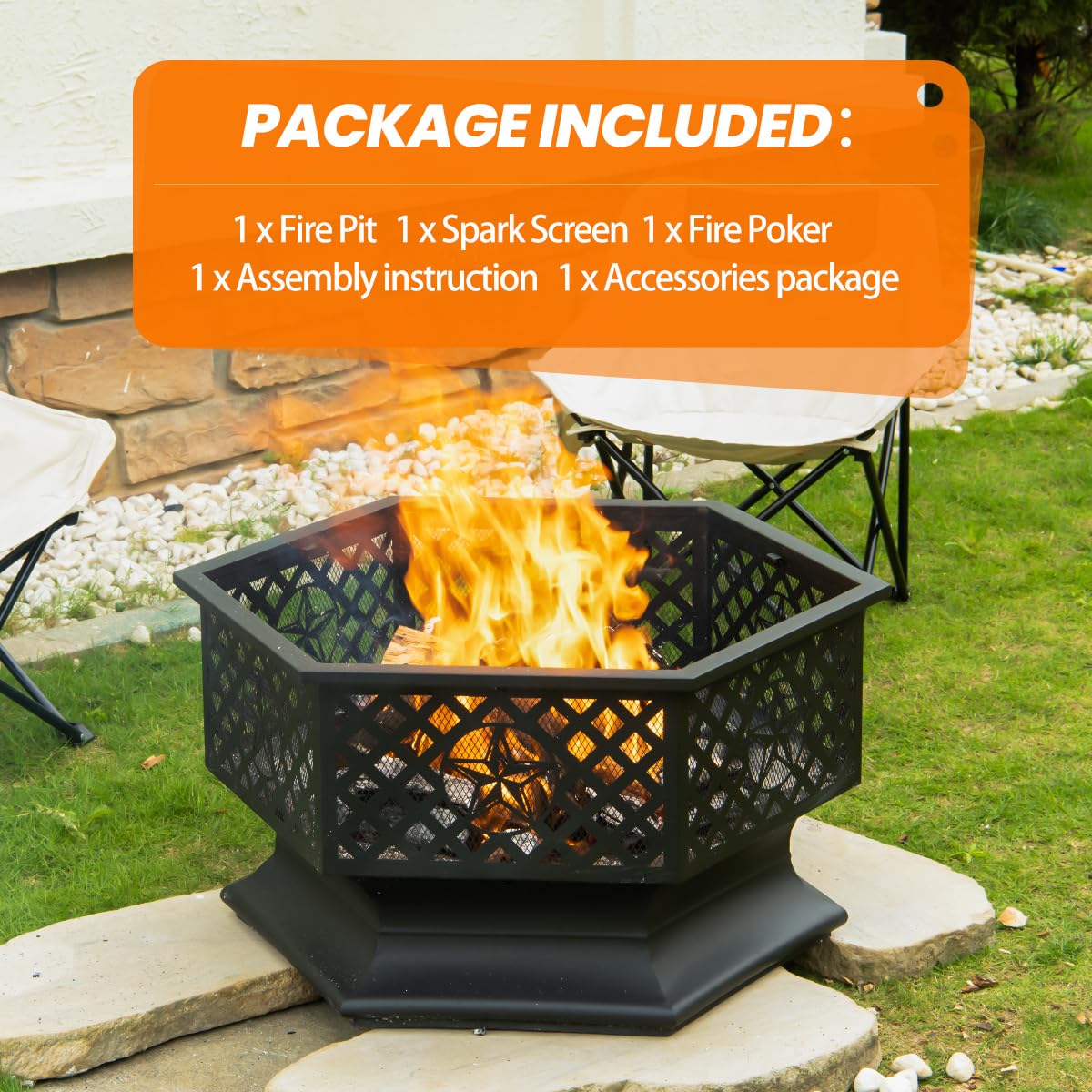 28 Inch Hexagonal Fire Pit with Spark Screen & Fire Poker Black P64474