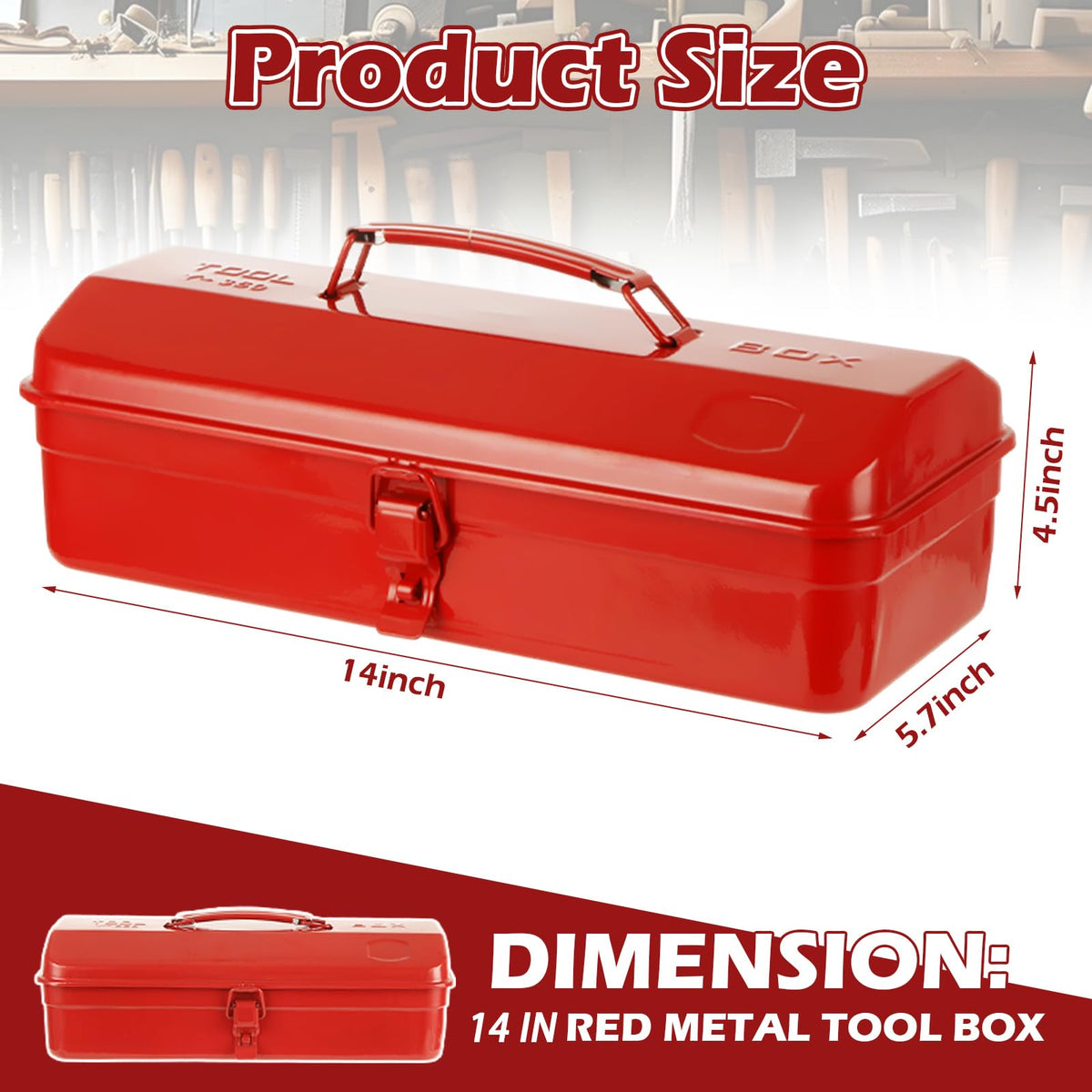 14 Inch Red Metal Tool Box with Latch and Handle M3782