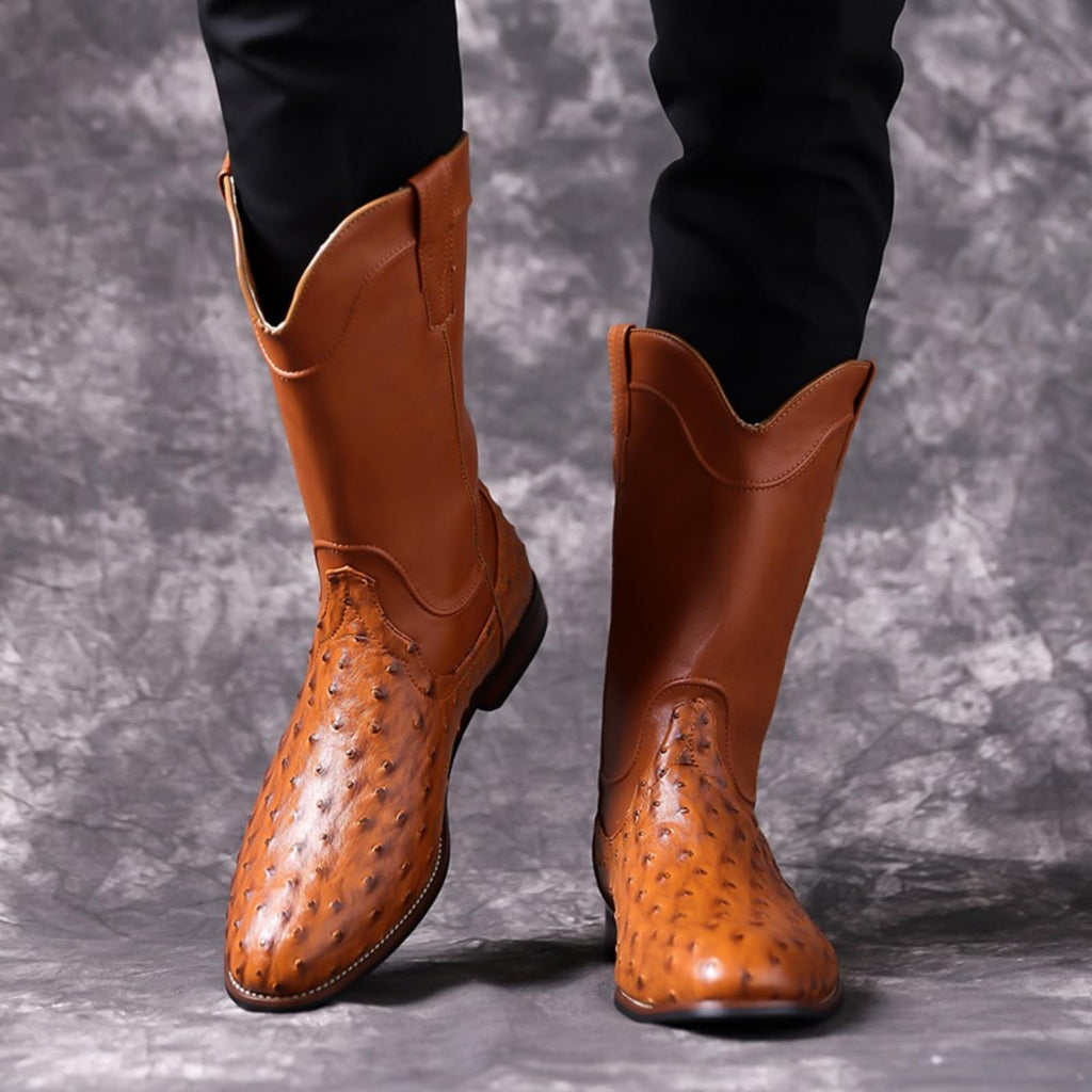 Men's Ostrich Pattern Leather Western Cowboy Boots X720489