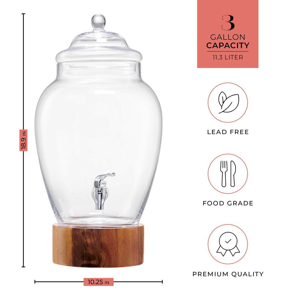 Glass Beverage Dispenser with Wood Base, 3 Gallon M474