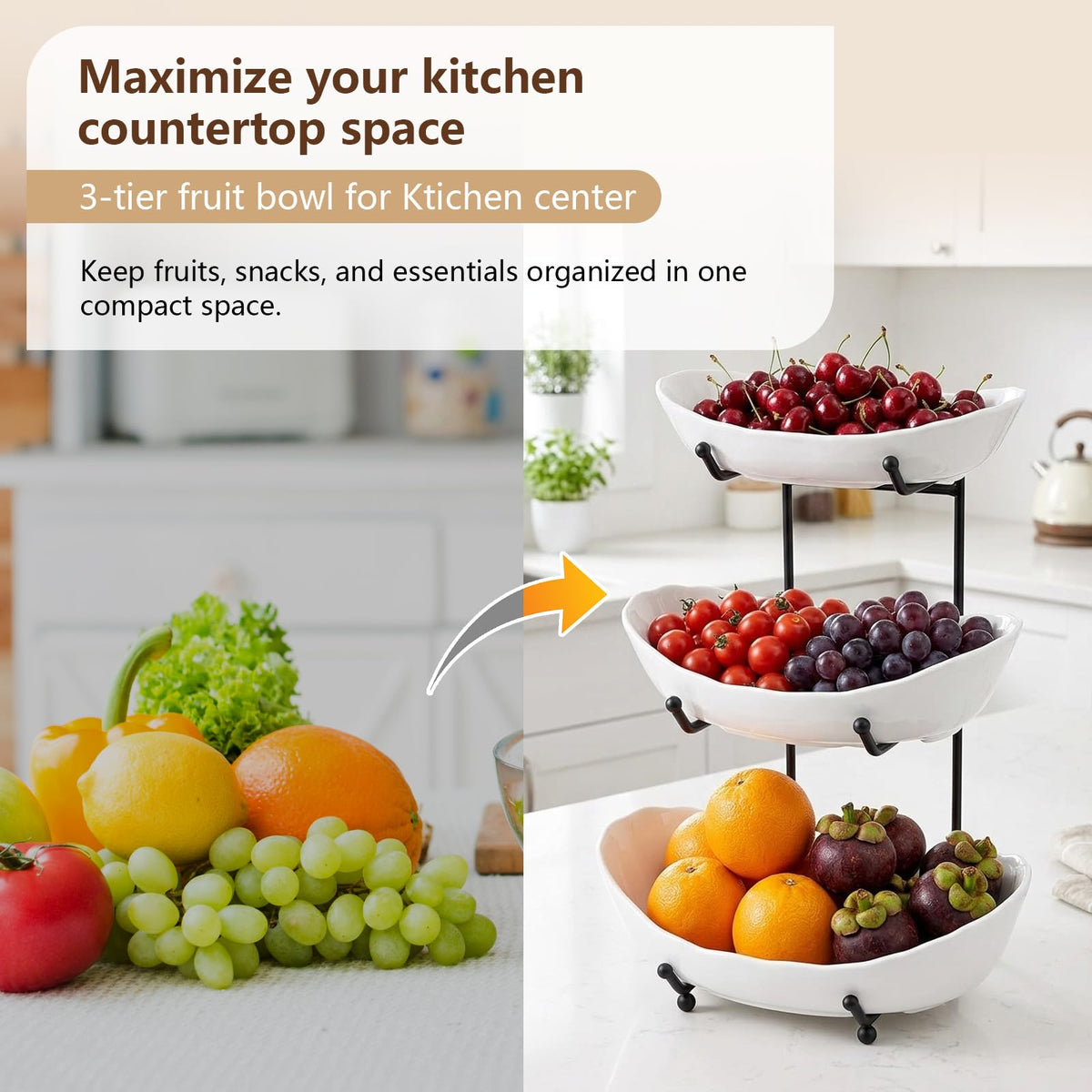 3 Tier Ceramic Fruit Bowl with Metal Stand O338196