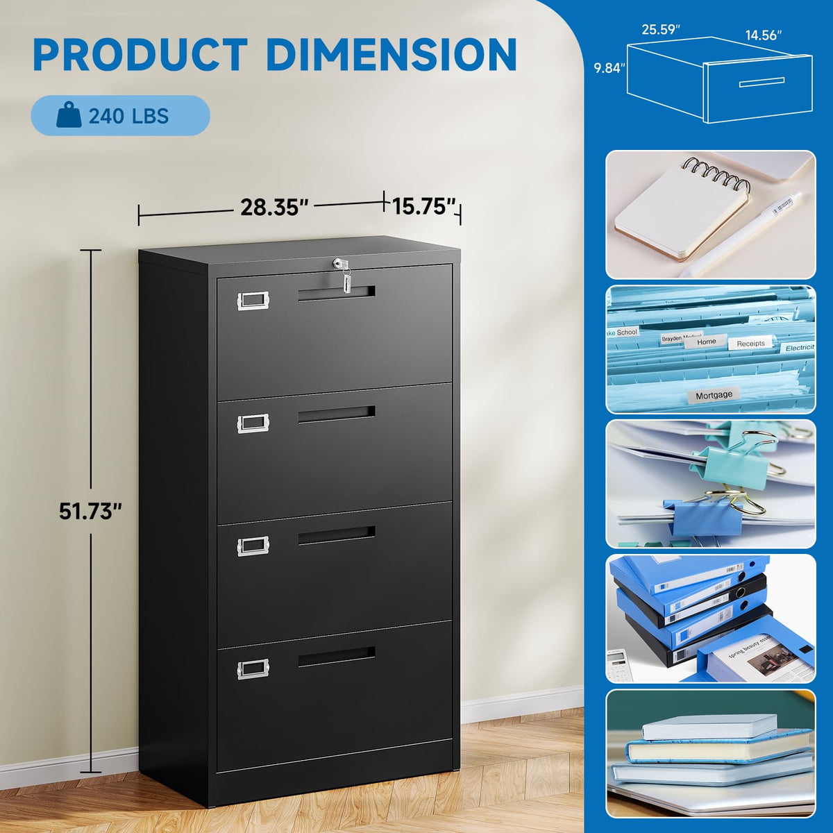 4 Drawer Black Metal Filing Cabinet with Lock W7496