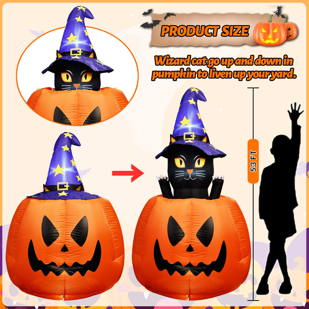 Halloween Inflatable Animated Witch Cat in Pumpkin Q332454