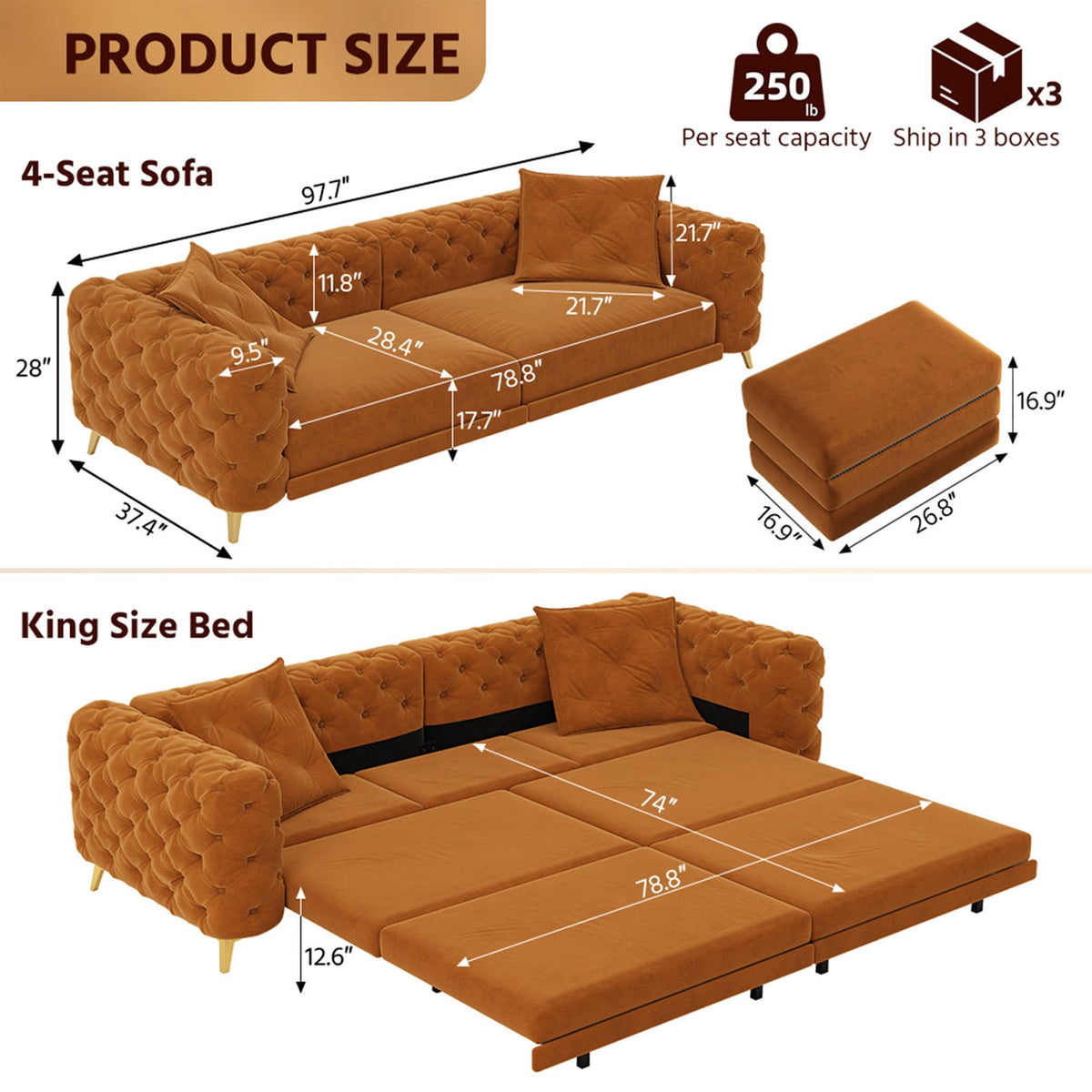 Velvet Convertible Sofa Bed with Ottomans M59799