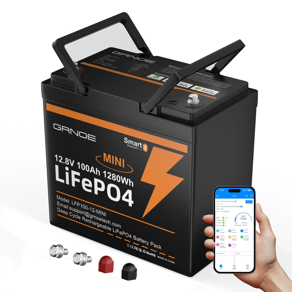 12V 100Ah Mini LiFePO4 Lithium Battery with Bluetooth, Smart BMS E5861