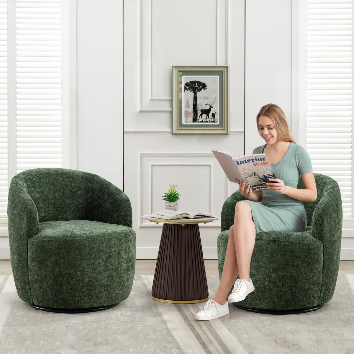 Green Chenille Swivel Barrel Chair W561