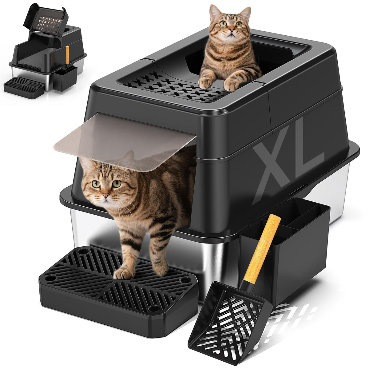 XL Black Stainless Steel Litter Box with Lid M397