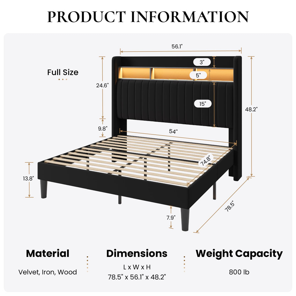 Full Size Velvet Upholstered Platform Bed Frame with Storage Shelf P298