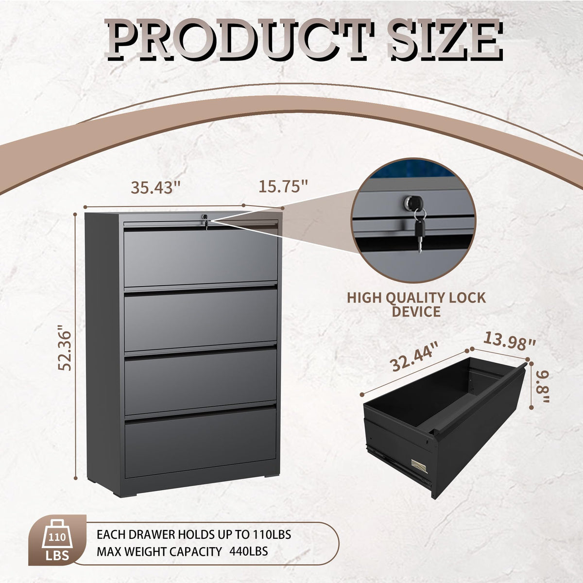 Black 4 Drawer Lateral File Cabinet with Lock B62034