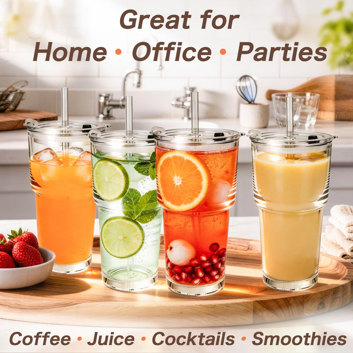 Clear Iced Coffee Cups with Lids 4 Pack 20oz Reusable Glass Cups M981625