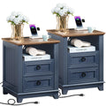 18" Blue Wooden Nightstand Set of 2 with Charging Station W58842