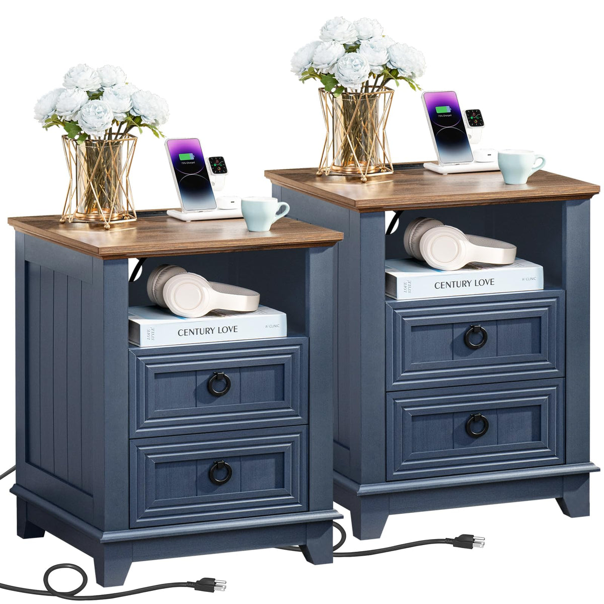 18" Blue Wooden Nightstand Set of 2 with Charging Station W58842