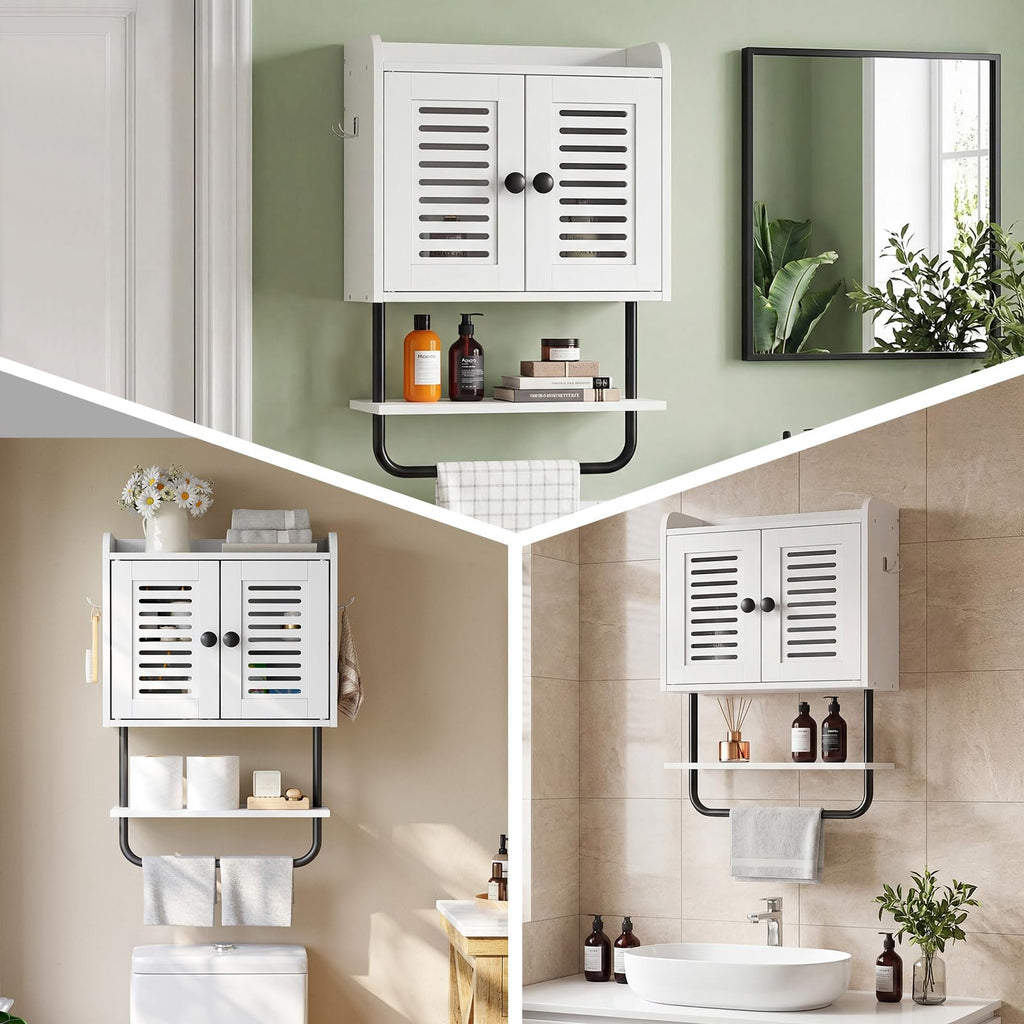 White Double Doors Bathroom Wall Cabinet with Towel Bar, Adjustable Shelf, 2 Hooks O504948