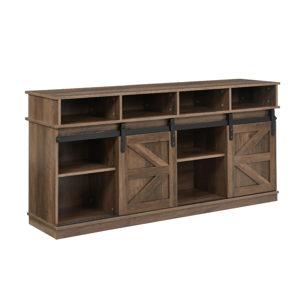 Natural Brown Wood TV Stand with Sliding Barn Door I15238