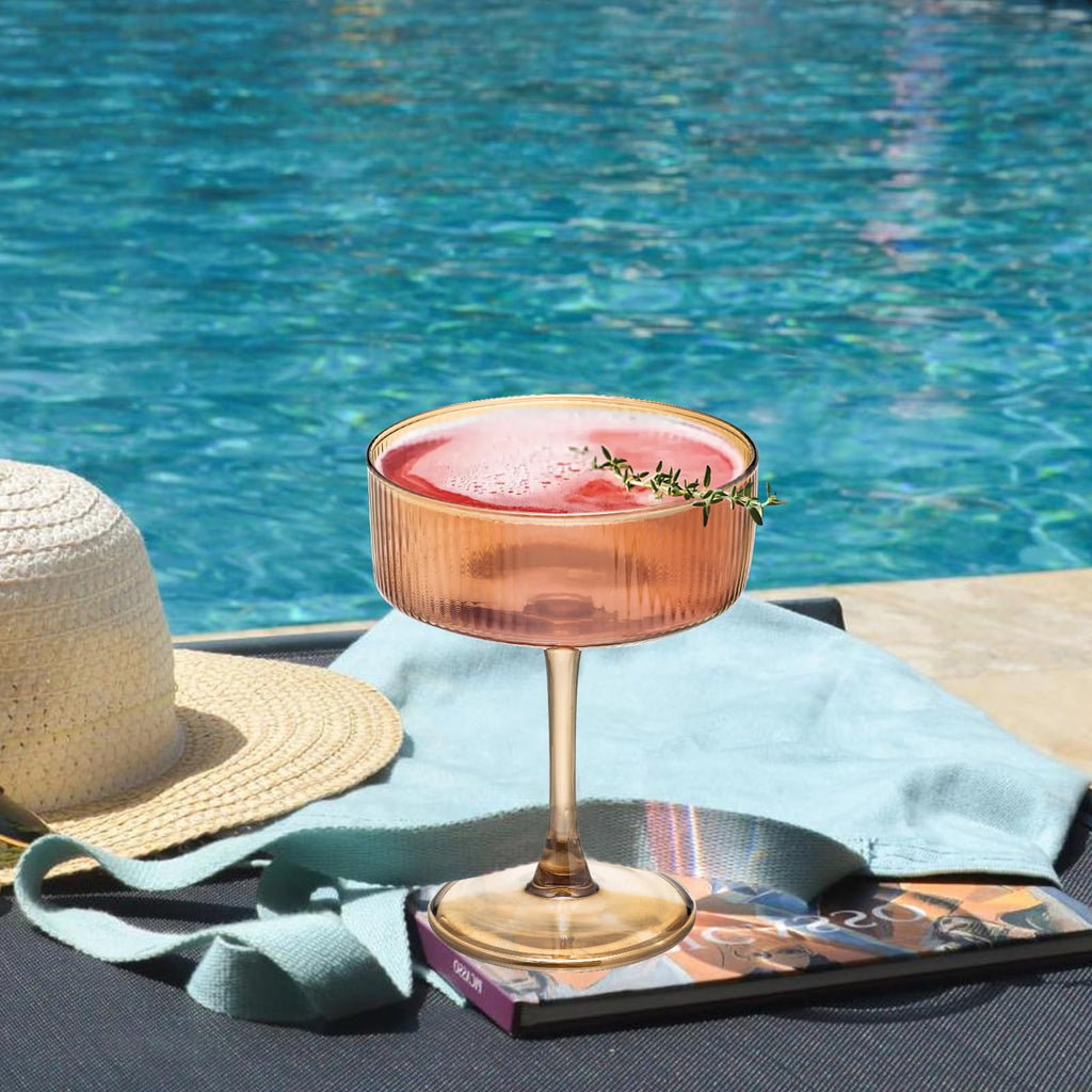 Set of 6 Amber Ribbed Coupe Cocktail Glasses H3893