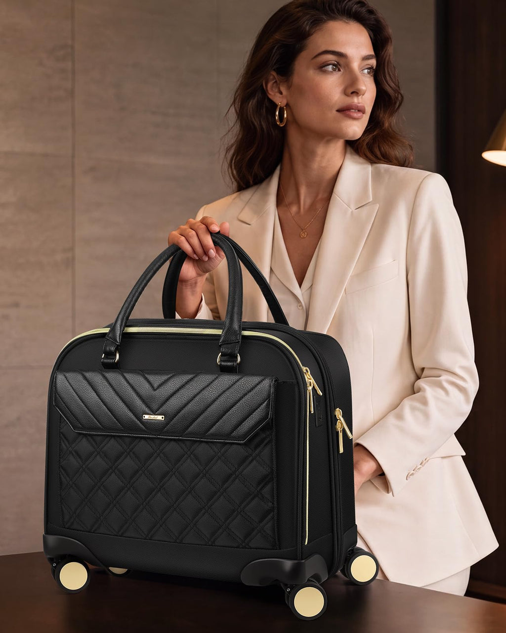 Rolling Laptop Bag for Women, 45L Wheeled Briefcase with USB Type-C Ports, Black Gold E598461