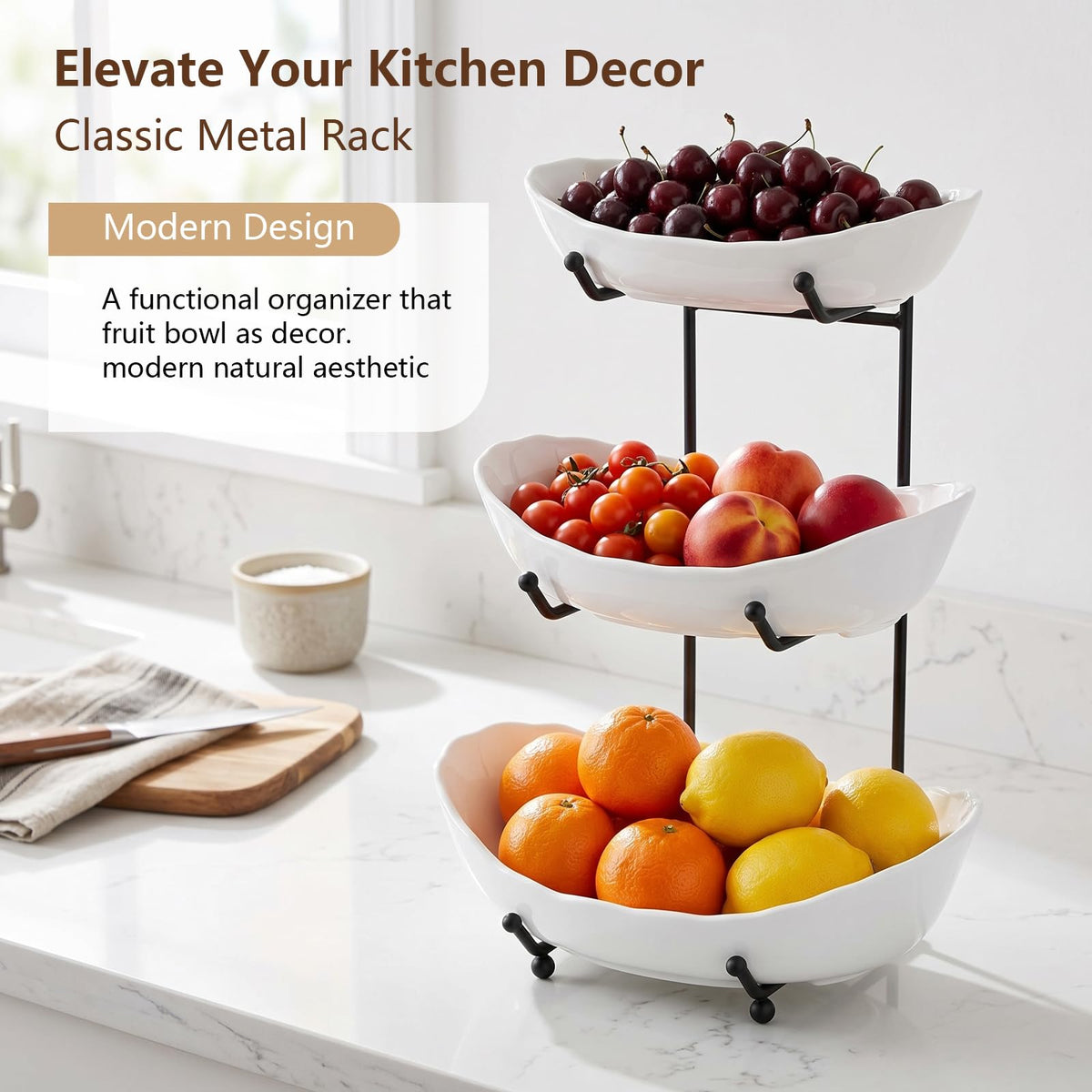 3 Tier Ceramic Fruit Bowl with Metal Stand O338196