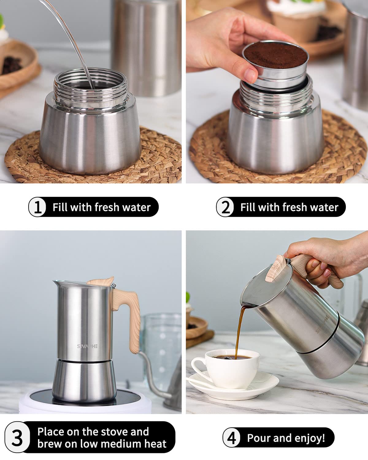 4 Cups Stainless Steel Stovetop Espresso Coffee Maker 10 oz Moka Pot E197748