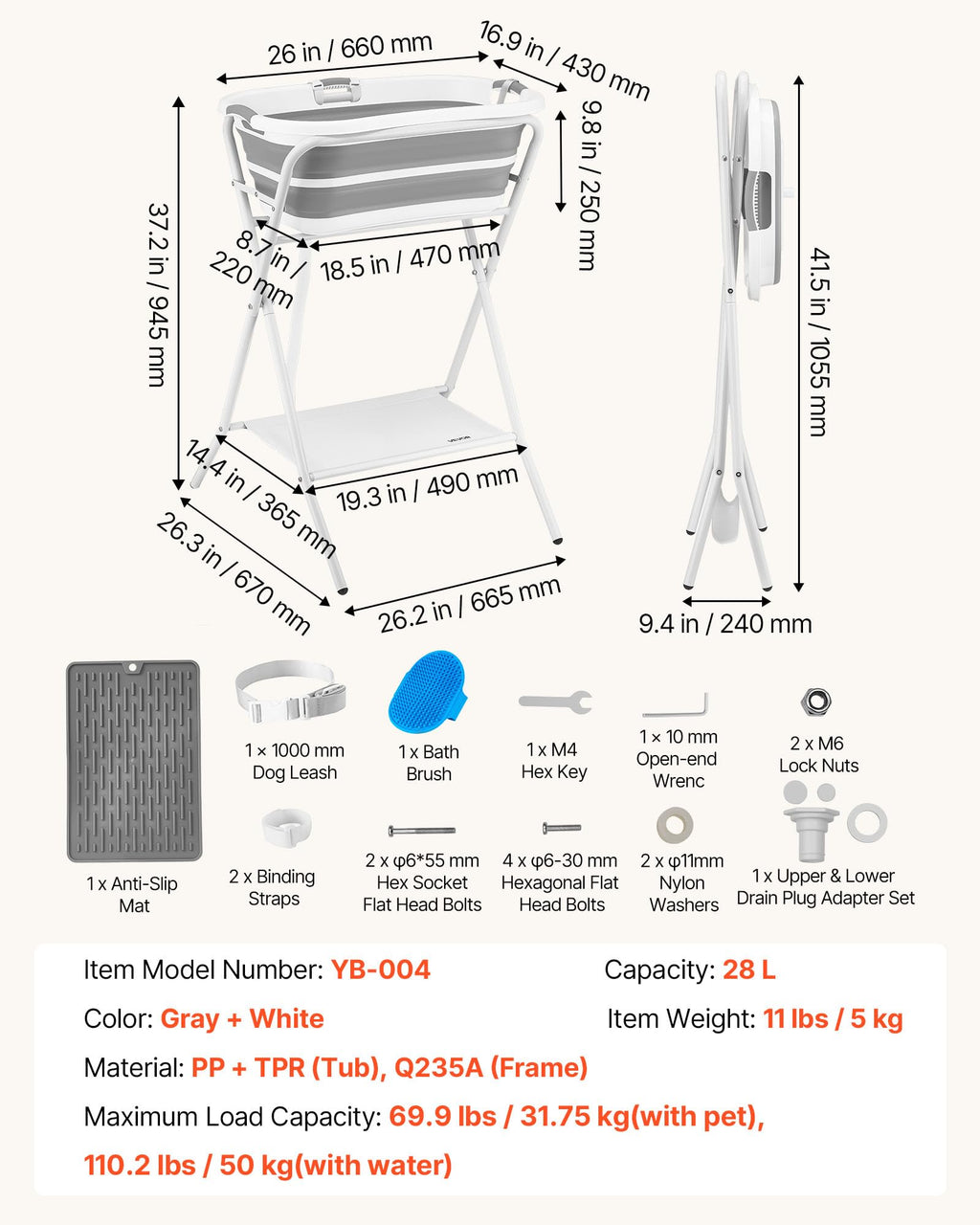 Elevated Collapsible Pet Bathtub with Drain Hose E26198