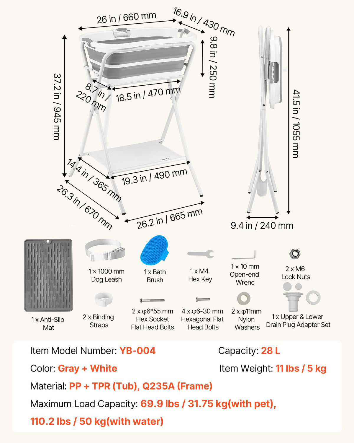 Elevated Collapsible Pet Bathtub with Drain Hose E26198
