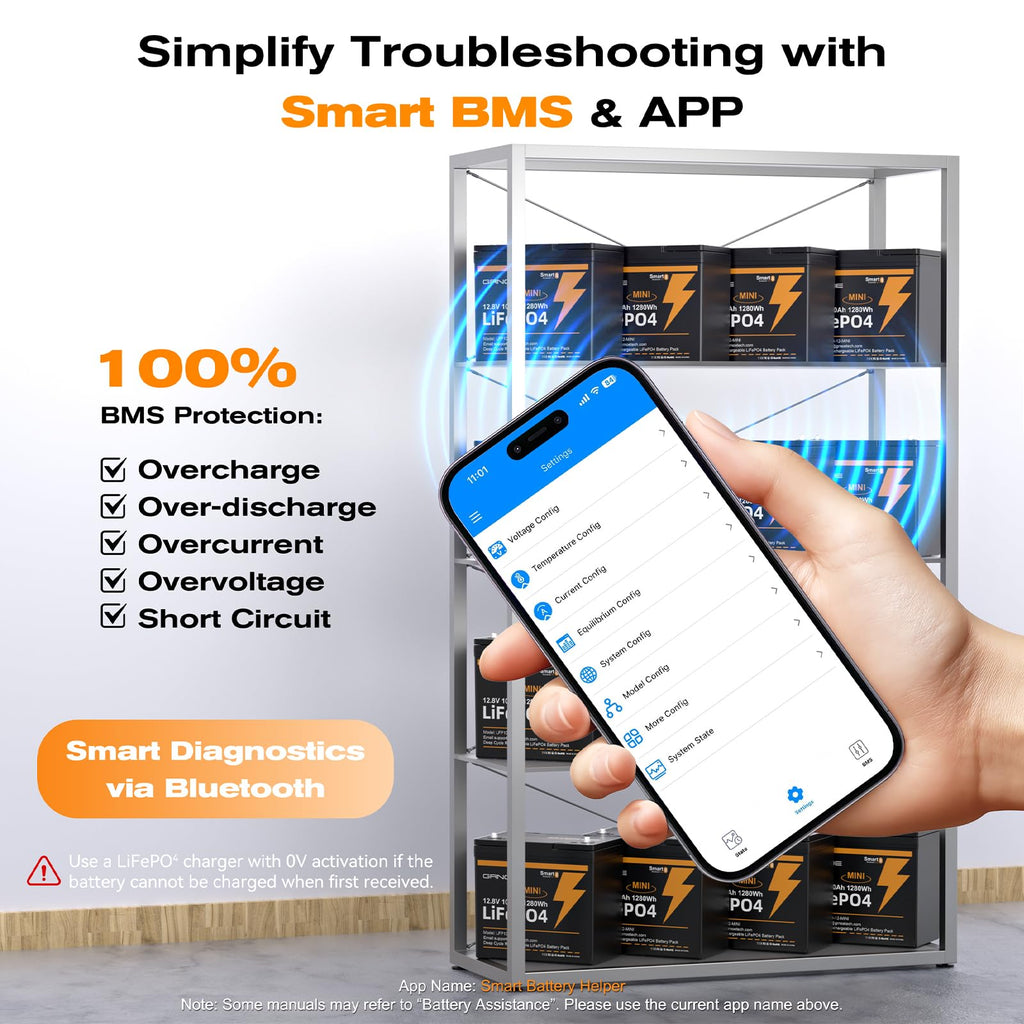12V 100Ah Mini LiFePO4 Lithium Battery with Bluetooth, Smart BMS E5861