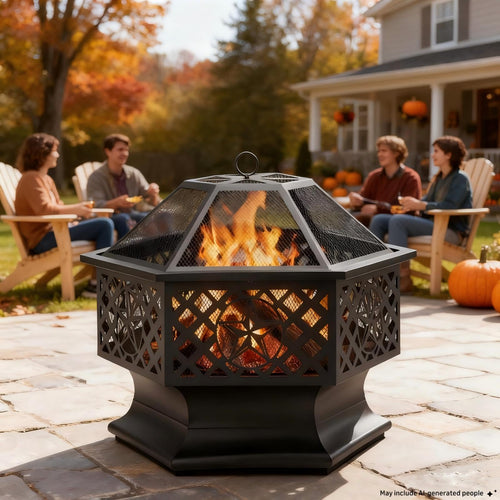 28 Inch Hexagonal Fire Pit with Spark Screen & Fire Poker Black P64474