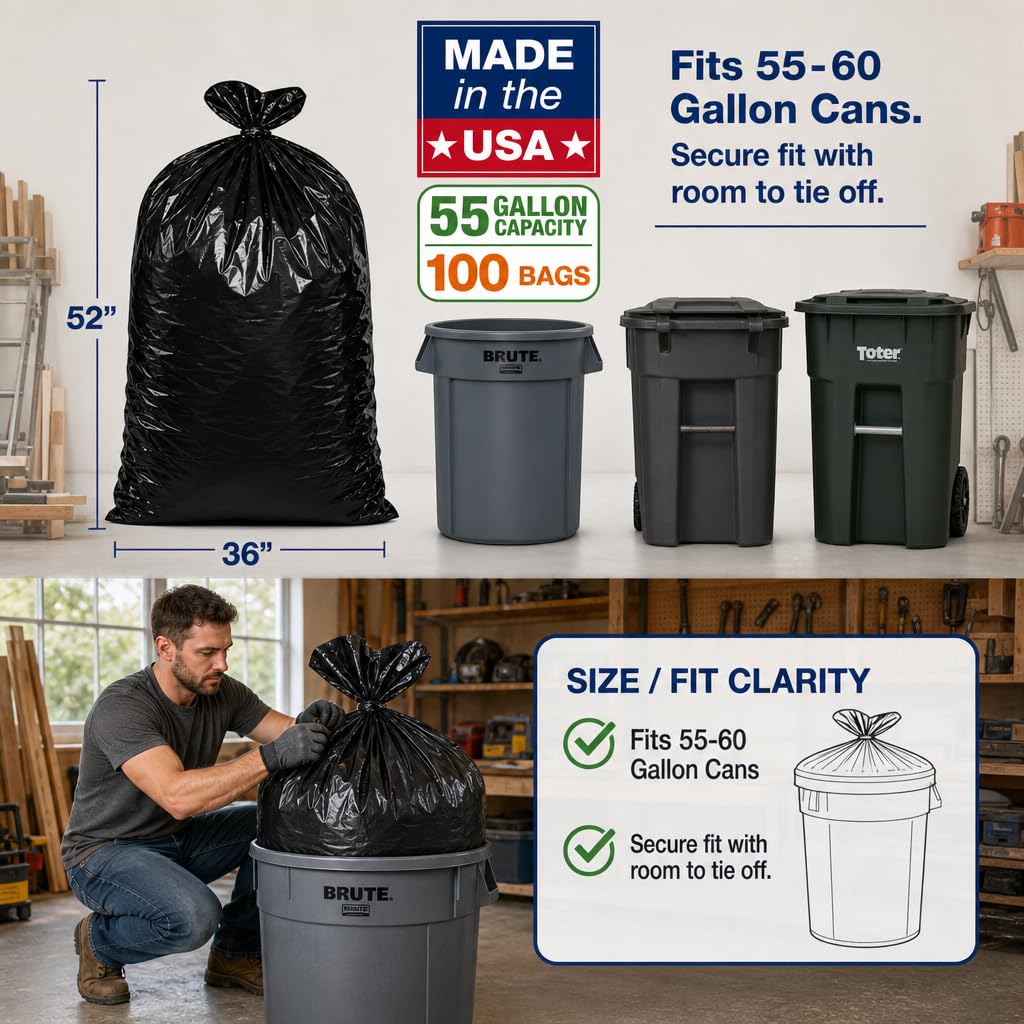 Heavy Duty Black 55-60 Gallon Trash Bags 100 Count H2134