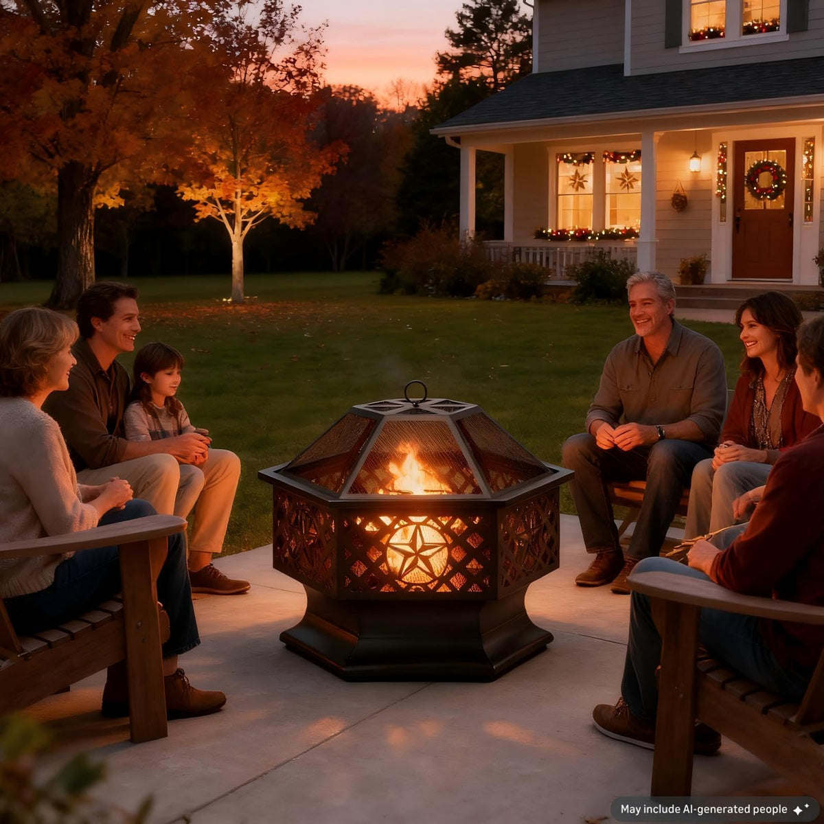 28 Inch Hexagonal Fire Pit with Spark Screen & Fire Poker Black P64474