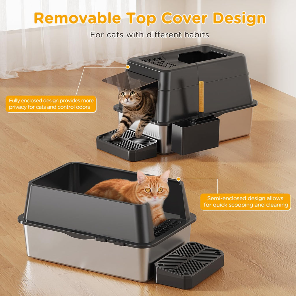 XL Black Stainless Steel Litter Box with Lid M397