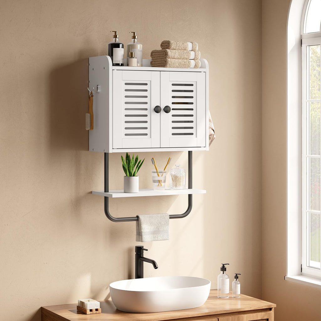 White Double Doors Bathroom Wall Cabinet with Towel Bar, Adjustable Shelf, 2 Hooks O504948