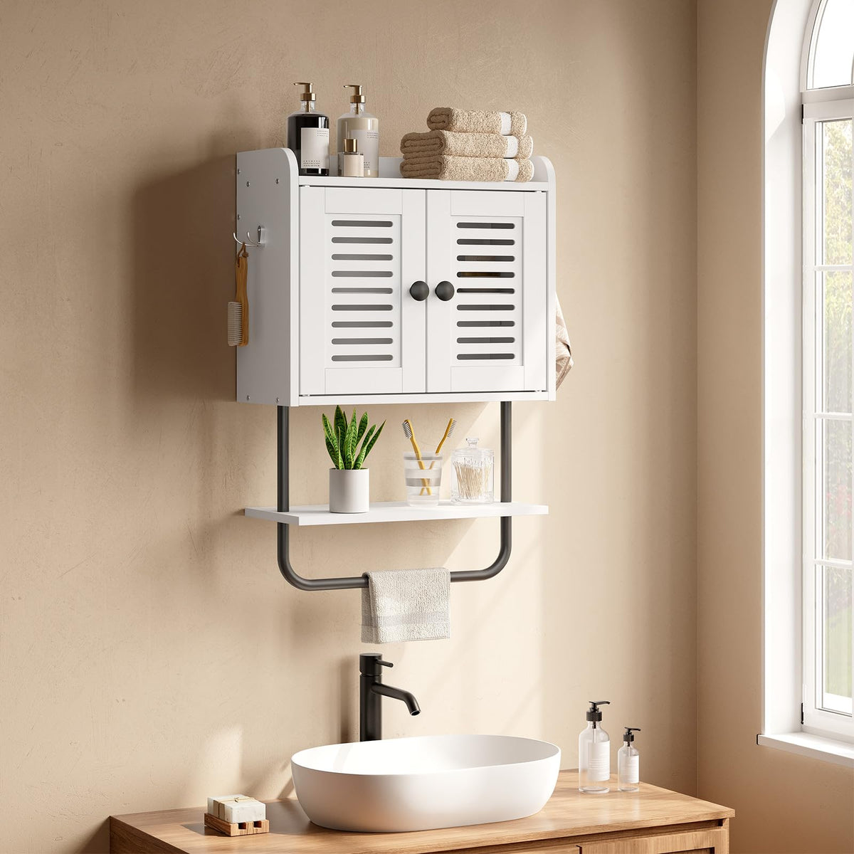 White Double Doors Bathroom Wall Cabinet with Towel Bar, Adjustable Shelf, 2 Hooks O504948