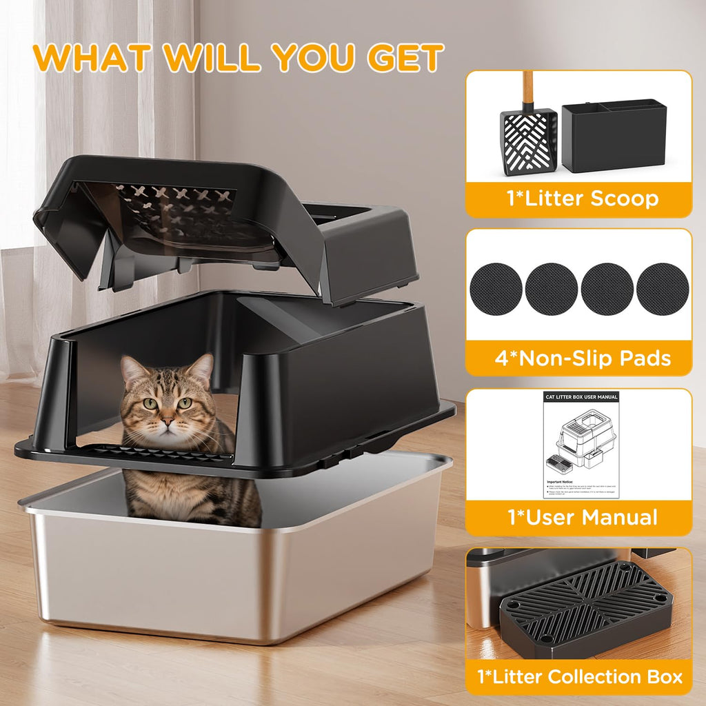 XL Black Stainless Steel Litter Box with Lid M397
