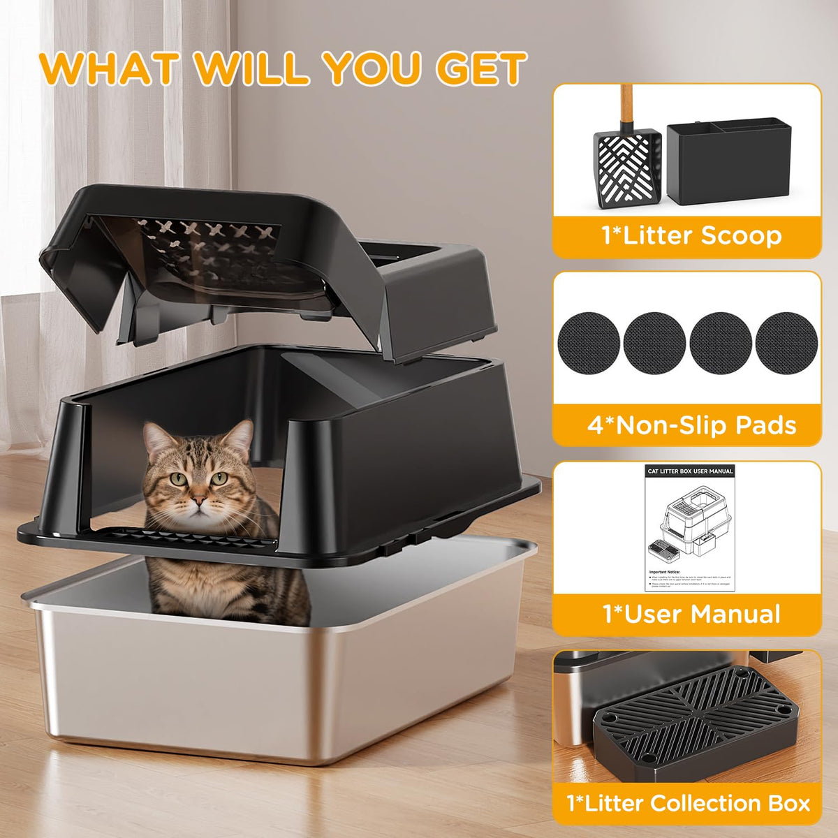 XL Black Stainless Steel Litter Box with Lid M397