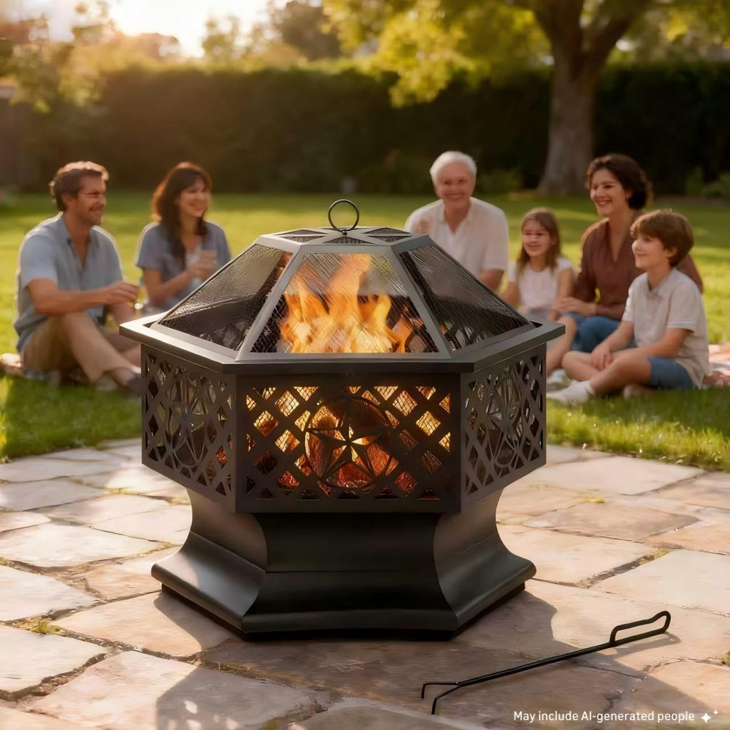 28 Inch Hexagonal Fire Pit with Spark Screen & Fire Poker Black P64474