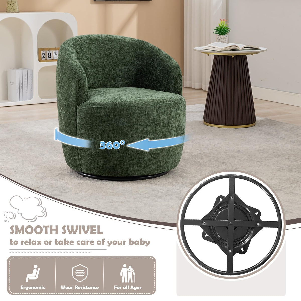Green Chenille Swivel Barrel Chair W561