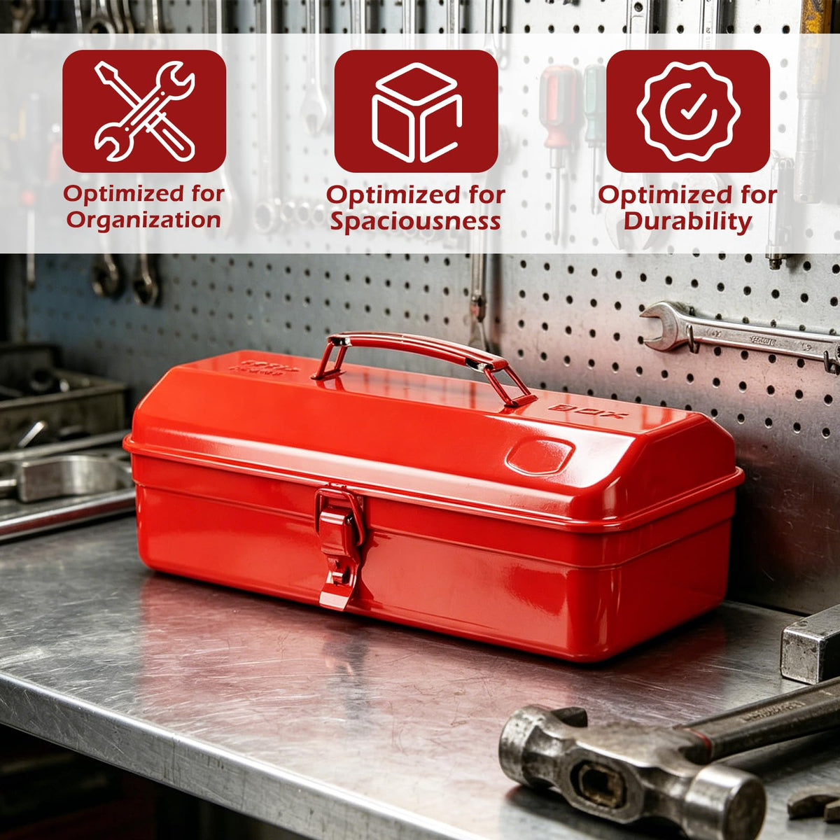 14 Inch Red Metal Tool Box with Latch and Handle M3782